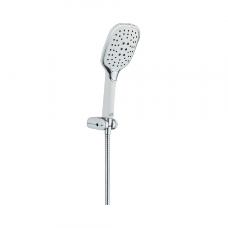 Seturi si coloane de dus - Kit de dus ZORITA, crom/alb, para + furtun + suport, anticalcar, 3 functii, 1.5 m - LAVEO