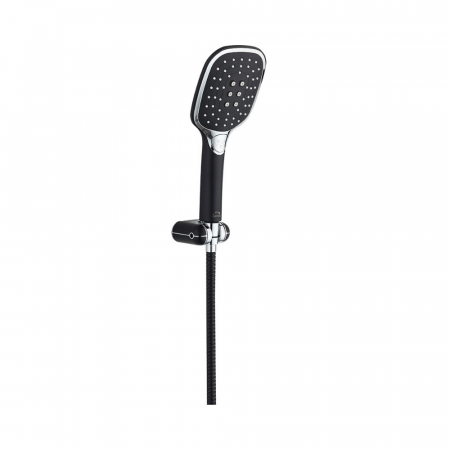 Seturi si coloane de dus - Kit de dus ZORITA, crom/negru, para + furtun + suport, anticalcar, 3 functii, 1.5 m - LAVEO