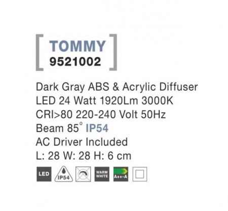 Plafoniera pentru exterior LED TOMMY, gri/alb, 3000K, IP54, 1920 lm, lungime 28 cm - NOVA LUCE [3]