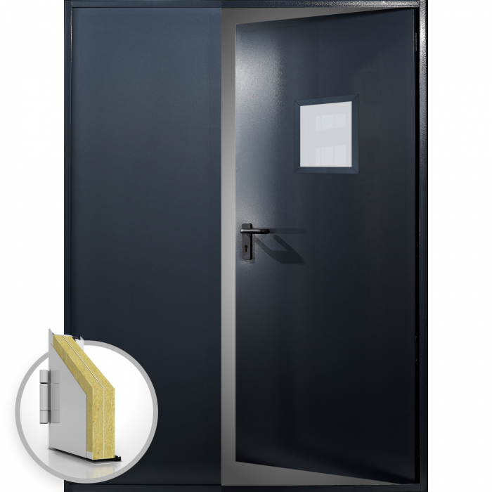 Usa metalica dubla blat 60 mm intrare secundara cu geam - RAL 7016 - Gri Antracit - Usa dubla multifunctionala otel [1]