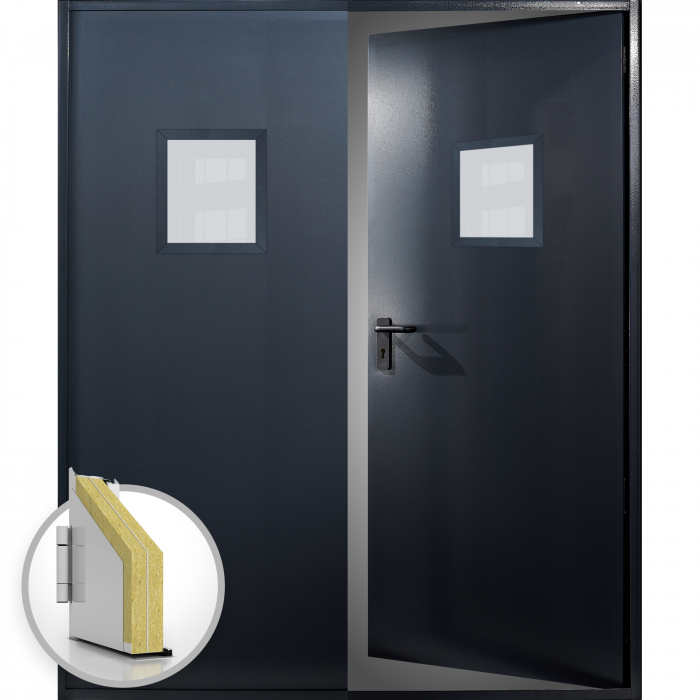 Usa metalica dubla blat 60 mm intrare secundara cu geam - RAL 7016 - Gri Antracit - Usa dubla multifunctionala otel [1]