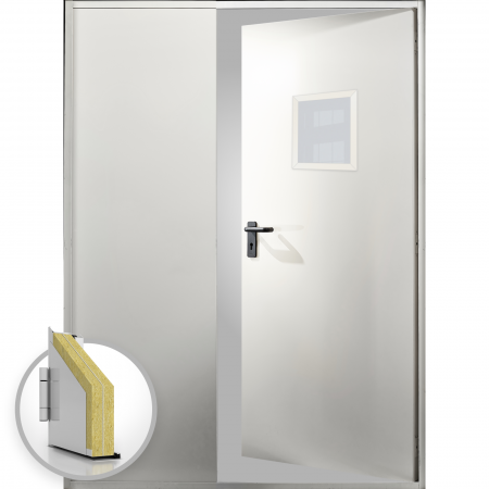 Usi Metalice Tehnice - Usa metalica dubla blat 60 mm intrare secundara cu geam - RAL 9001 - Alb / Crem - Usa dubla multifunctionala otel