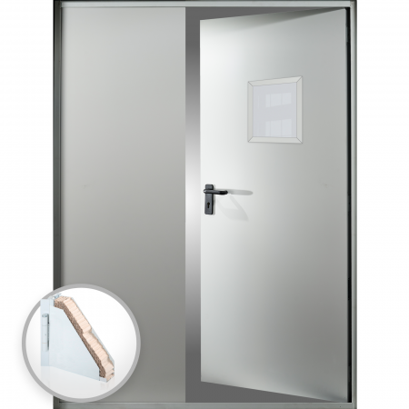 Usi Metalice Vitrate - Usa metalica dubla blat 60 mm intrare secundara cu geam - RAL 7035 - Gri Deschis - Usa dubla multifunctionala otel