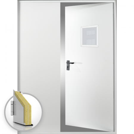Usi Metalice Vitrate - Usa metalica dubla blat 60 mm intrare secundara cu geam - RAL 9003 - Alb - Usa dubla multifunctionala otel