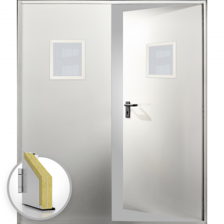Usi Metalice Tehnice - Usa metalica dubla blat 60 mm intrare secundara cu geam - RAL 9001 - Alb / Crem - Usa dubla multifunctionala otel