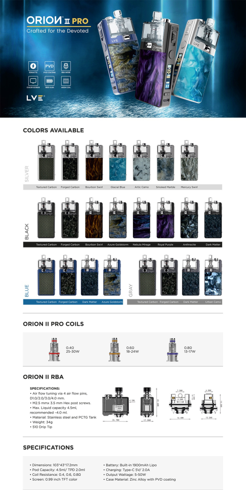 Kit Pod Orion II Pro + RBA, LVE - Gray Textured Carbon [4]