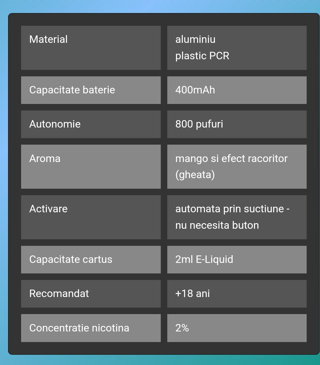 VOZOL SWITCH PRO MANGO ICE narghilea electronica vozol cu cartuș rezervă capsula cu 2ml lichid cu 2% nicotina vape puff bar 800 pufuri cu aroma de mango si efect racoritor gheata oferta pret
