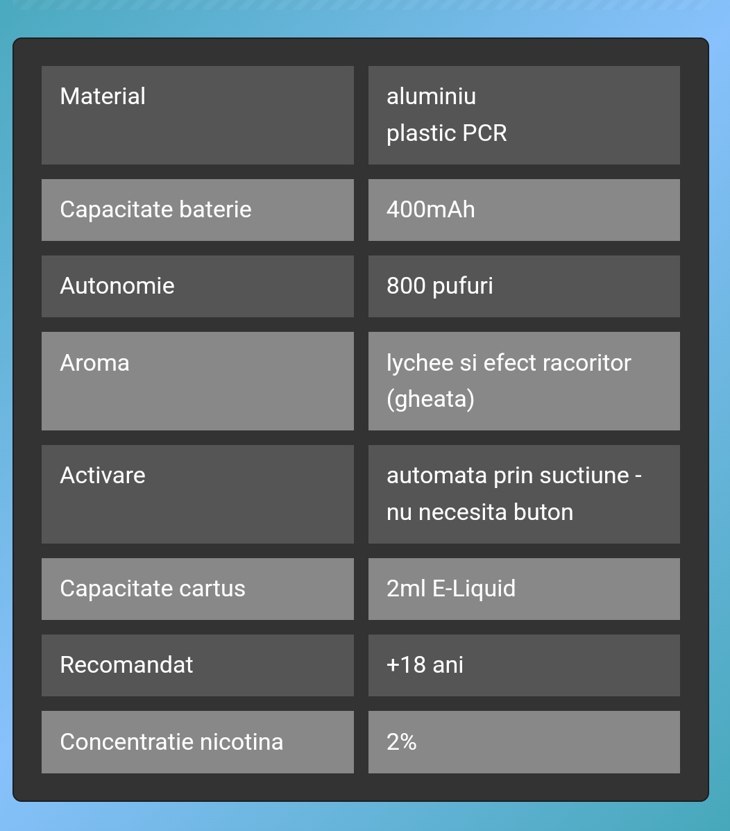 VOZOL SWITCH PRO LYCHEE ICE  narghilea electronica reincarcabila cu cartus rezervă preumpluta cu 2ml Liquid cu 2% nicotina vape PUFF BAR 800 pufuri si are o aroma de lychee si efect racoritor (gheata), OFERTA PRET