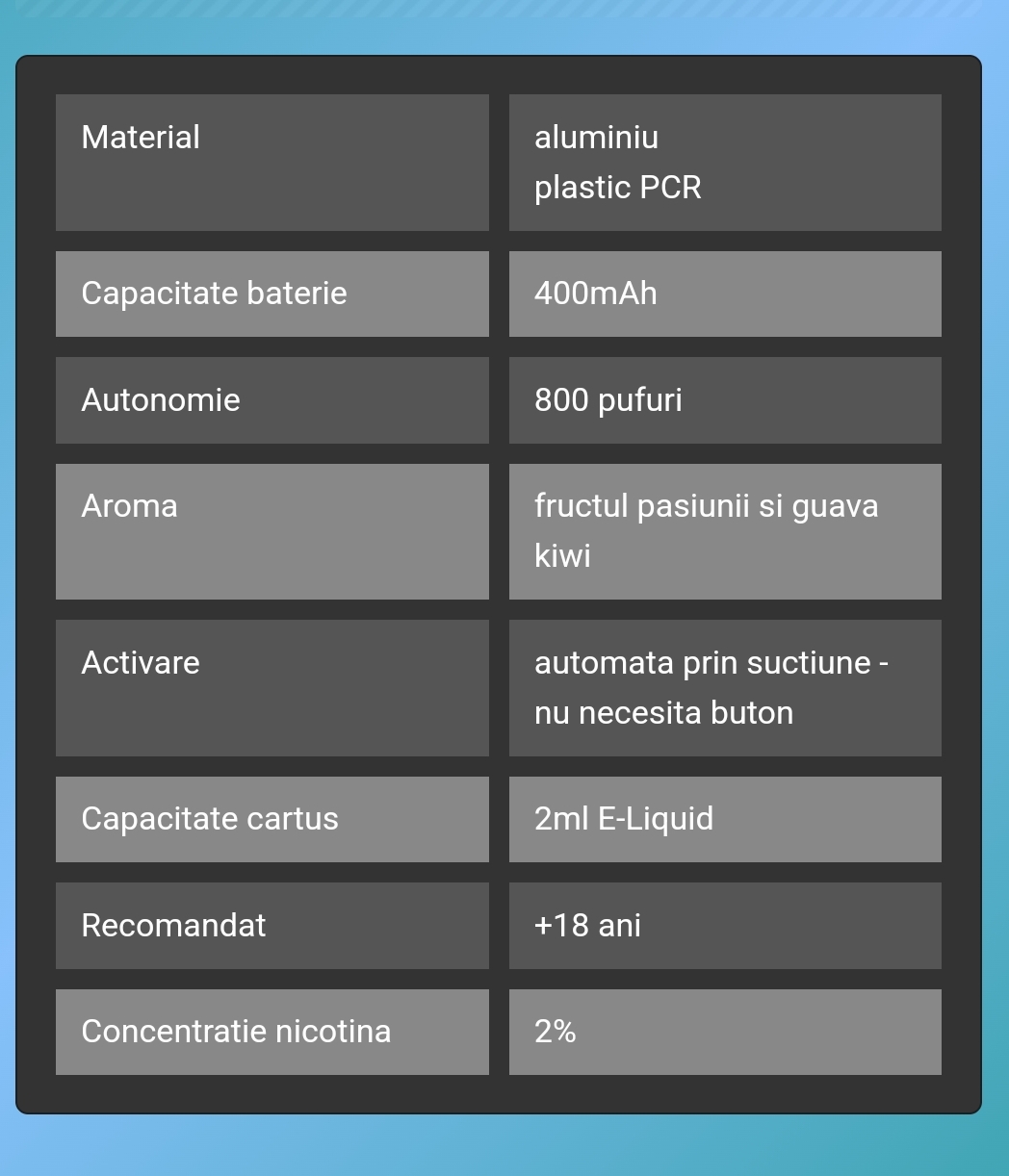 VOZOL SWITCH PRO KIWI PASSION FRUIT GUAVA este o narghilea electronică reîncărcabilă de înaltă calitate, concepută pentru a oferi o experiență de vaping senzațională. Această narghilea vine echipată cu un cartuș rezervă CAPSULĂ, preumplut cu 2 ml de e-Liquid ce conține 2% nicotină, suficient pentru a savura până la 800 de pufuri delicioase. Aroma îmbietoare combină kiwi proaspăt, fructul pasiunii exotic și guava suculentă, oferind o explozie de gusturi tropicale.  Caracteristici cheie: Aromă de kiwi, fructul pasiunii și guava: Un amestec vibrant de fructe tropicale, ce oferă o experiență de vaping dulce și răcoritoare, perfectă pentru orice moment al zilei. 800 de pufuri: Fiecare cartuș este optimizat pentru a oferi până la 800 de pufuri, garantând o utilizare de lungă durată. Cartuș preumplut cu 2 ml e-Liquid: Simplu și convenabil, fără necesitatea de a reumple, ideal pentru utilizatorii care își doresc o experiență de vaping fără bătăi de cap. 2% nicotină: Conținutul moderat de nicotină asigură o satisfacție optimă pentru vaperii care preferă un echilibru între plăcere și necesitate. Design și performanță: Baterie reîncărcabilă de 400mAh: Echipată cu o baterie puternică, narghileaua oferă autonomie pe termen lung și se reîncărcă rapid. Design modern și ergonomic: VOZOL SWITCH PRO are un design elegant și culori vibrante, perfect adaptat pentru utilizatorii care apreciază stilul și confortul. Sistem de atomizare avansat: Asigură o vaporizare uniformă, astfel încât fiecare puff să fie plin de aromă și satisfacție. Mustiuc ergonomic: Crează o experiență de vaping confortabilă, potrivită pentru utilizarea zilnică. Avantaje: Aromă intensă și exotică: Amestecul de fructe tropicale face din această narghilea o alegere perfectă pentru iubitorii aromelor proaspete și delicioase. Ușor de utilizat: Fără reumpleri complicate, acest dispozitiv este ideal pentru utilizatorii care preferă o experiență de vaping simplă și convenabilă. Valoare excelentă: Fiecare cartuș asigură până la 800 de pufuri, ceea ce îl face o alegere economică pentru utilizarea de zi cu zi. Preț și ofertă: Disponibil la un preț special, VOZOL SWITCH PRO KIWI PASSION FRUIT GUAVA este alegerea perfectă pentru cei care caută o experiență de vaping premium la un preț accesibil. Nu rata oferta promoțională și bucură-te de un produs inovator, ideal pentru toate nevoile tale de vaping!  Comandă acum și descoperă gustul tropical al kiwi-ului, fructului pasiunii și guavei!