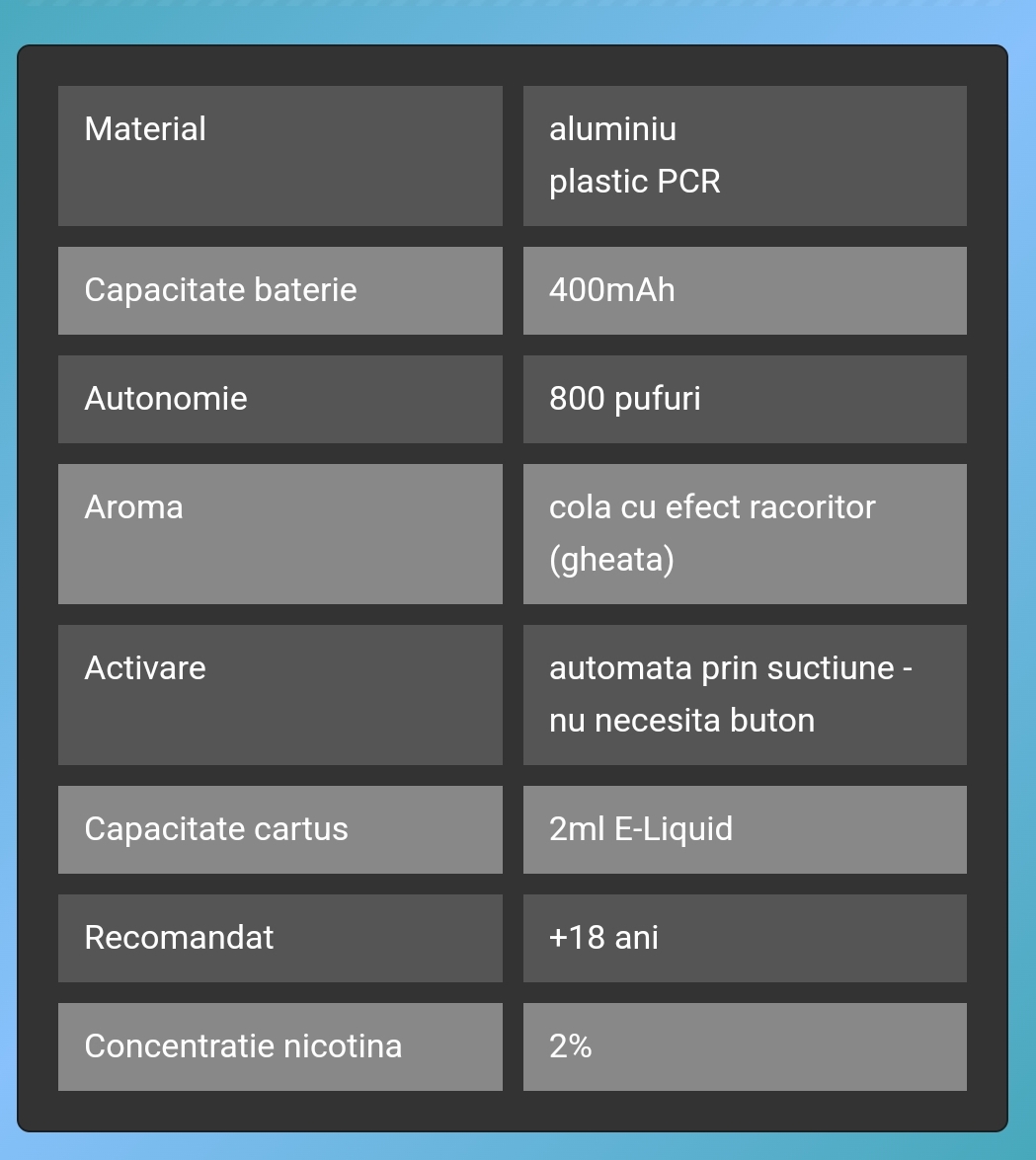 VOZOL SWITCH PRO COLA ICE este o narghilea electronică reîncărcabilă, echipată cu un cartuș capsulă rezervă, preumplut cu 2 ml de e-Liquid cu 2% nicotină, oferind o experiență completă de vaping pentru până la 800 de pufuri. Acest produs aduce un gust autentic de cola cu un efect răcoritor de gheață, perfect pentru cei care își doresc o aromă clasică și revigorantă.  Caracteristici cheie: Aromă de Cola cu gheață: Reproduce gustul inconfundabil al băuturii Cola, combinat cu un efect revigorant de gheață, oferind o senzație răcoritoare și plăcută la fiecare puf. 800 de pufuri: Fiecare cartuș asigură un număr generos de până la 800 de pufuri, fiind suficient pentru o utilizare îndelungată fără întreruperi. Cartuș preumplut de 2 ml: Cartușul vine deja pregătit pentru utilizare, eliminând nevoia de reumplere și garantând o experiență fără bătăi de cap. Conținut de nicotină de 2%: Perfect pentru utilizatorii care caută o doză moderată de nicotină, oferind o experiență echilibrată, fără a fi prea intensă. Efect răcoritor: Gustul de cola este amplificat de un efect răcoritor de gheață, ceea ce face fiecare puf o experiență plăcută și revitalizantă. Design și performanță: Baterie reîncărcabilă de 400mAh: Asigură o durată de viață lungă și posibilitatea de a reîncărca rapid dispozitivul pentru a continua să vapezi fără întreruperi. Design modern și compact: Proiectată cu un aspect elegant și dimensiuni compacte, narghileaua este ușor de transportat și folosit oriunde. Sistem avansat de atomizare: Oferă o vaporizare eficientă a lichidului, asigurând o aromă intensă și constantă pe toată durata utilizării. Mustiuc ergonomic: Confortabil și bine proiectat pentru a oferi o experiență de vaping naturală și plăcută. Avantaje: Aromă autentică de Cola: Pentru iubitorii de gusturi clasice, această narghilea oferă o experiență delicioasă cu fiecare inhalare, combinată cu senzația răcoritoare de gheață. Fără complicații: Cartușul preumplut face utilizarea foarte simplă, fiind gata de utilizat imediat, fără reumplere sau întreținere complexă. Conținut ideal de nicotină: Cu 2% nicotină, este potrivită pentru utilizatorii care preferă o experiență echilibrată între aromă și doza de nicotină. Preț și ofertă: Disponibil acum la un preț promoțional, VOZOL SWITCH PRO COLA ICE oferă un raport excelent calitate-preț, fiind o alegere ideală pentru cei care apreciază gustul clasic de Cola și experiența premium de vaping. Profită de această ofertă specială și bucură-te de un produs de calitate superioară cu un design modern și o aromă unică, totul într-un format compact și ușor de utilizat.  Această narghilea electronică reîncărcabilă combină performanța de top, designul elegant și aroma clasică de Cola, oferind o experiență de vaping completă, plină de prospețime și savoare.