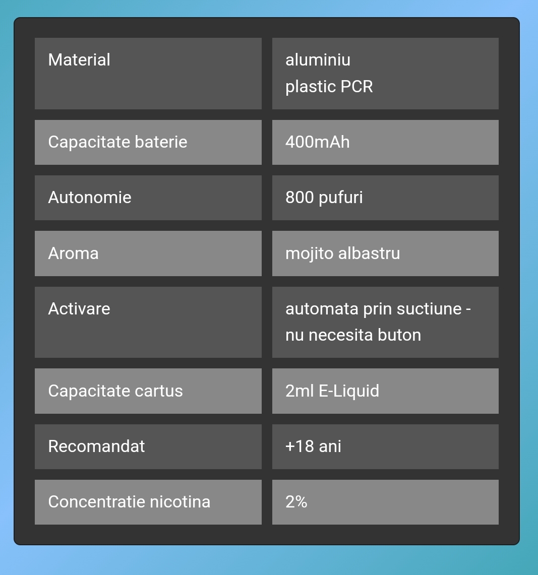 VOZOL SWITCH PRO BLUE MOJITO este o narghilea electronică reîncărcabilă, cu un design premium și o capacitate impresionantă de 800 de pufuri per cartuș. Preumplută cu 2 ml de e-Liquid care conține 2% nicotină, această narghilea oferă o experiență de vaping îmbunătățită prin aroma unică de mojito albastru, o combinație revigorantă de citrice și mentă, perfect echilibrată pentru un vaping răcoritor.  Caracteristici principale: Capacitate de 800 pufuri: Suficient pentru a asigura o utilizare de lungă durată, perfectă pentru cei care preferă să nu reîncarce frecvent. E-Liquid preumplut de 2 ml: Cartușul este preumplut cu lichid, gata de utilizare imediată, economisind timp și efort. 2% nicotină (20 mg/ml): Oferă un echilibru perfect între intensitatea nicotinei și plăcerea gustului. Aromă de mojito albastru: O combinație proaspătă și răcoritoare care îmbină notele de mentă, lime și gheață, oferind o experiență unică la fiecare inhalare. Baterie reîncărcabilă de 400mAh: Bateria de mare capacitate poate fi reîncărcată pentru o utilizare continuă, fără grija înlocuirii frecvente a dispozitivului. Sistem inovator de atomizare: Oferă vapori consistenți și o aromă intensă la fiecare puff. Mustiuc ergonomic: Confort optim la utilizare, conceput pentru o experiență plăcută. Oferta și preț: Prețul pentru VOZOL SWITCH PRO BLUE MOJITO poate varia în funcție de retailer și de ofertele disponibile. Pentru a beneficia de cea mai bună ofertă, te sfătuiesc să verifici site-urile specializate sau magazinele de profil care oferă promoții la produsele de vaping VOZOL.  Recomandare: Dacă ești în căutarea unei narghilele electronice premium, cu o aromă unică și o capacitate de lungă durată, VOZOL SWITCH PRO BLUE MOJITO este o alegere excelentă, combinând performanța cu plăcerea unui gust răcoritor și intens.  Cuvinte cheie: VOZOL SWITCH PRO, Blue Mojito, narghilea electronică, vape reîncărcabil, e-Liquid preumplut, 2% nicotină, 800 pufuri, aroma mojito albastru, baterie 400mAh, atomizare inovativă.