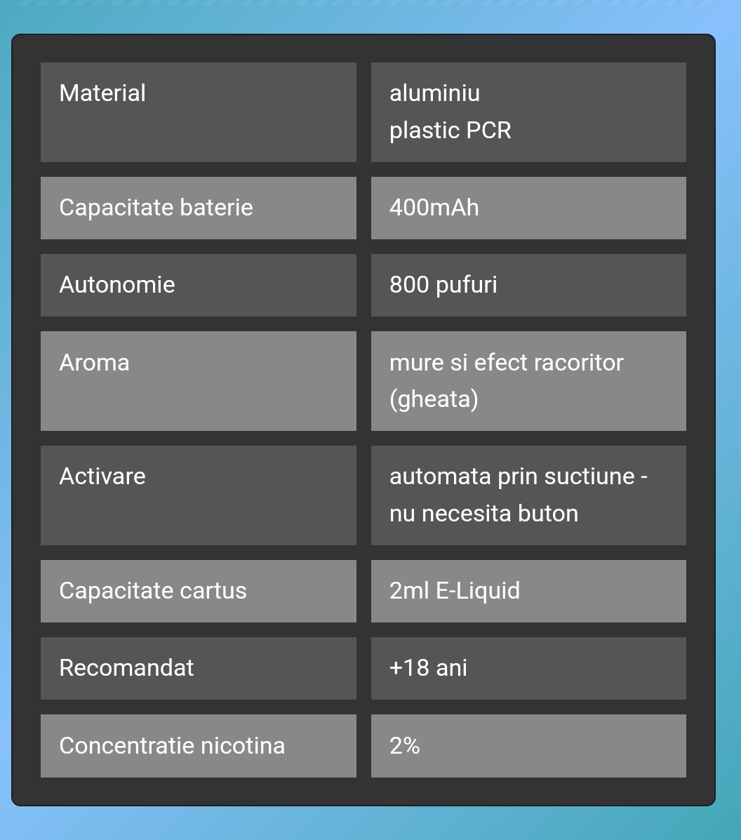 VOZOL SWITCH PRO BLACKBERRY ICE narghilea electronica reincarcabila cu cartuș rezervă, cu 2ml Liquid cu 2% nicotina vape puff bar cu 800 pufuri cu aroma de mure si efect racoritor gheata oferta pret