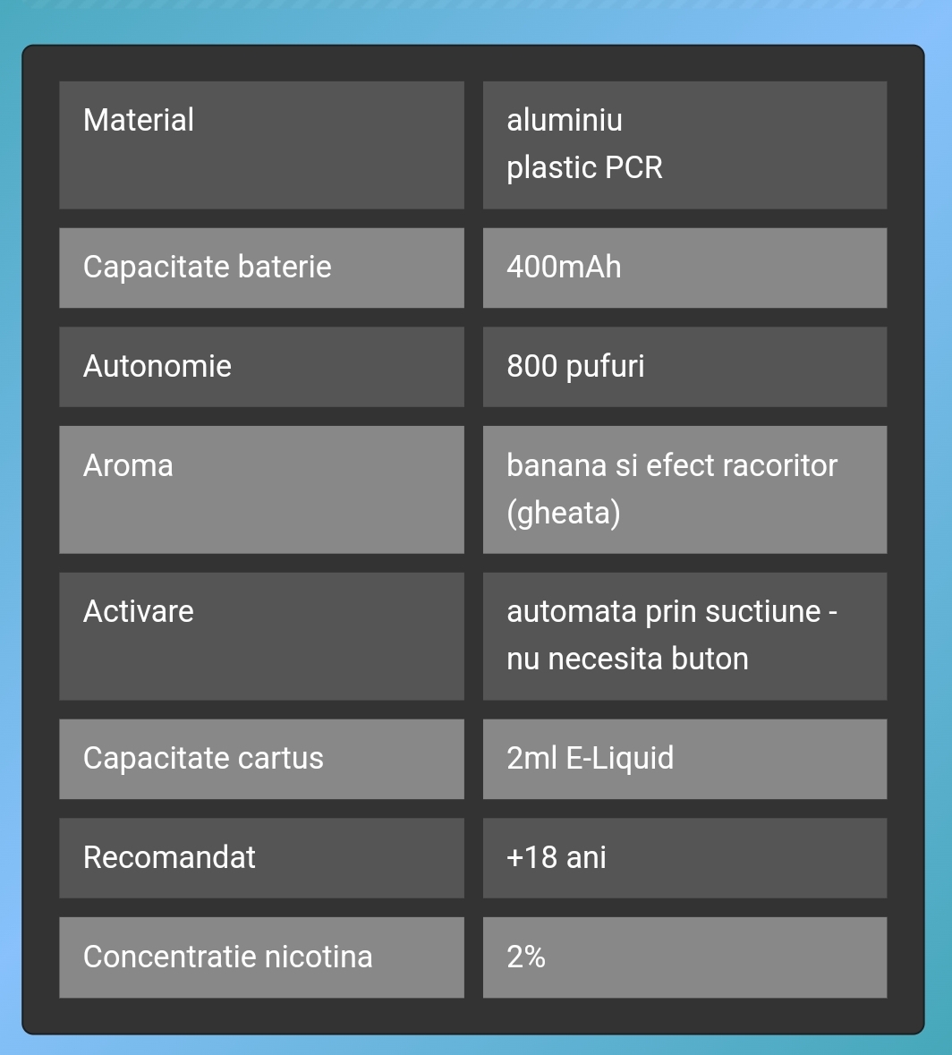 VOZOL SWITCH PRO BANANA ICE vape, puff bar, narghilea electronica Vozol reincarcabila cu cartuș rezervă, preumpluta cu 2ml E-Liquid cu 2% nicotina vape 800 pufuri cu aroma de banana si efect racoritor (gheata).