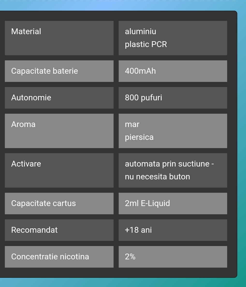VOZOL SWITCH PRO APPLE PEACH este o narghilea electronica Vozol reincarcabila cu cartuș rezervă cu 2ml Liquid cu 2% nicotina vape puff bar cu 800 pufuri cu aroma de mar & piersica. 