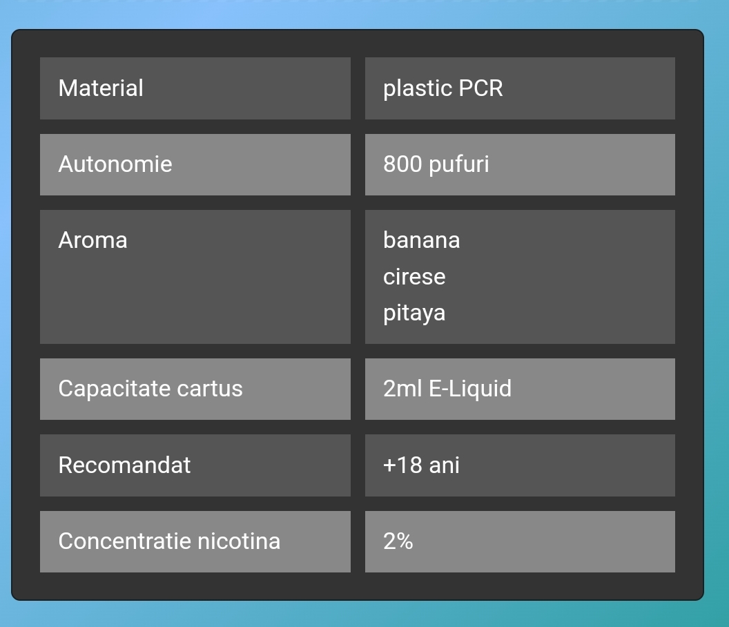 VOZOL SWITCH PRO DRAGON FRUIT BANANA CHERRY cartus capsula rezerva narghilea electronica preumplut cu 2 ml de Lichid vozol cu 2% nicotina vapeaza pana la 800 pufuri vape cu aroma de papaya, banana si cirese