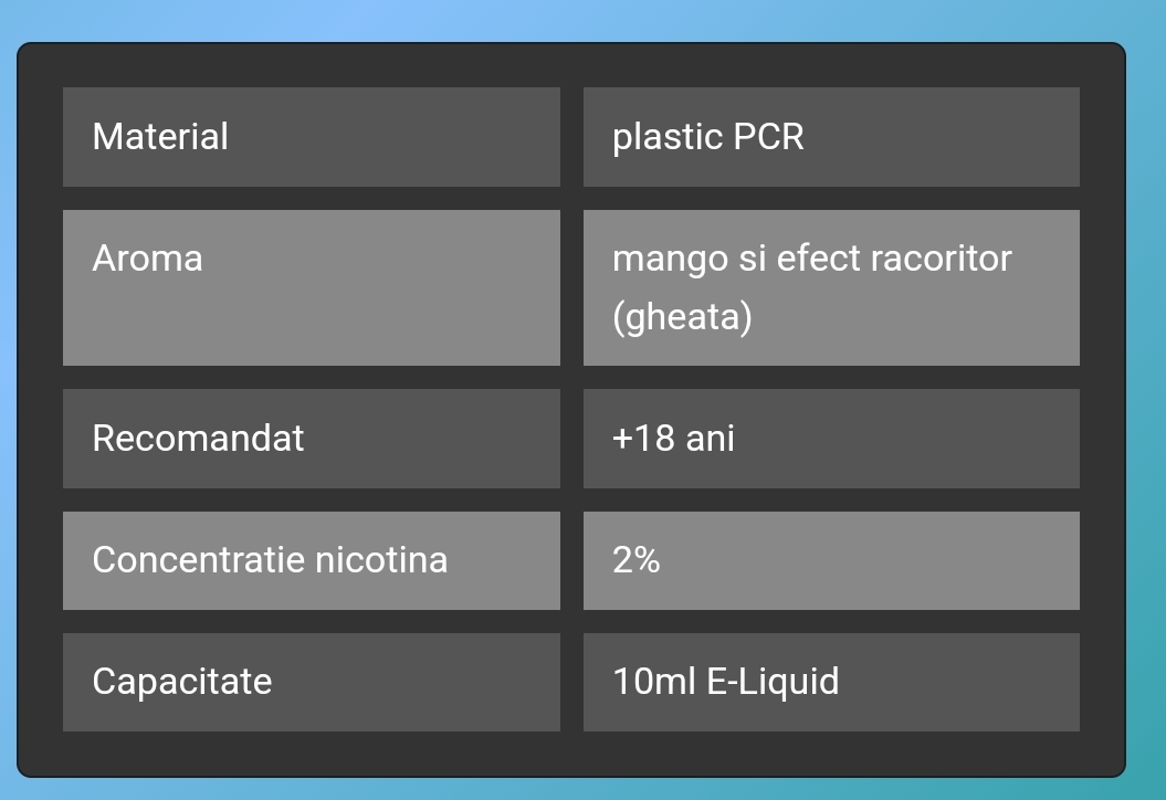 VOZOL SALT MANGO ICE lichid solutie narghilea tigara electronica cu atomizor, in sticluta cu 10 ml de Lichid Vozol cu 2% nicotina, solutie de vapat cu aroma de mango si efect racoritor (gheata), oferta pret.