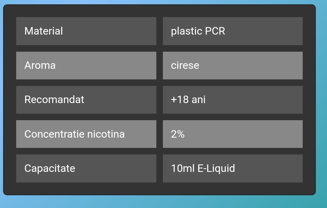 Lichid Solutie Narghilea / Tigara Electronica SALT CHERRY VOZOL VOZOL SALT CHERRY este o sticluta incarcata cu 10 ml de e-Lichid cu 2% nicotina, cu o aroma delicioasa de cirese. Lichidul este special conceput pentru dispozitivele reincarcabile cu lichid. Ingrediente:glicerina vegetala, propilen glicol, nicotina, arome naturale si artificiale. Pachetul contine o sticluta cu lichid si instructiuni de folosire VOZOL SALT CHERRY lichid solutie reincarcare narghilea tigara electronica cu atomizor, 10 ml de Lichid Vozol cu 2% nicotina, solutie de vapat cu aroma de cirese