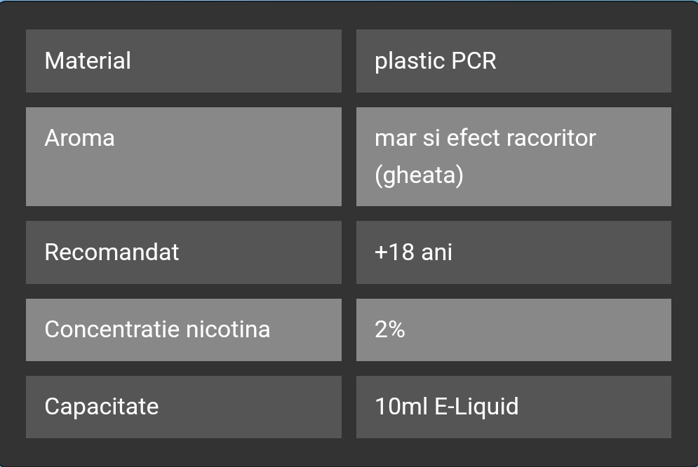 VOZOL SALT APPLE ICE este un e-Lichid de înaltă calitate, ideal pentru dispozitivele de vaping reîncărcabile. Această sticluță conține 10 ml de e-Lichid cu 2% nicotină (20 mg/ml), oferind o experiență intensă de vaping cu o aromă delicioasă și proaspătă de mere, completată de un efect revigorant de gheață.  Caracteristici și Beneficii: Aromă proaspătă de mere cu gheață: Savurează combinația plăcută între dulceața naturală a merelor și senzația răcoritoare de gheață la fiecare inhalare, oferind o experiență echilibrată și revigorantă.  10 ml de e-Lichid: Cu o capacitate generoasă de 10 ml, această sticlă asigură o utilizare îndelungată și este perfectă pentru reîncărcarea frecventă a dispozitivului de vaping.  2% nicotină: Conținutul de 2% nicotină oferă o senzație satisfăcătoare pentru utilizatorii care doresc un nivel moderat de nicotină în timpul sesiunilor de vaping.  Special conceput pentru dispozitive reîncărcabile: VOZOL SALT APPLE ICE este formulat pentru a fi utilizat în mod optim în dispozitivele de vaping reîncărcabile, oferind un echilibru perfect între aromă, vapori și senzația de nicotină.  Ingrediente: Glicerină vegetală (VG): Asigură o producție consistentă de vapori densi și netezi. Propilen glicol (PG): Amplifică aroma și îmbunătățește senzația pe gât la inhalare. Nicotine: Nicotină în concentrație de 2% (20 mg/ml) pentru o experiență intensă. Arome naturale și artificiale: Oferă gustul autentic și proaspăt de mere și efectul de gheață. Mod de utilizare: Pachetul include o sticlă de 10 ml de e-Lichid și instrucțiuni de utilizare, detaliind modul de reumplere a dispozitivelor de vaping reîncărcabile, pentru a asigura o utilizare corectă și sigură.  Avantaje: Experiență de vaping răcoritoare și plăcută: Gustul dulce de mere este perfect echilibrat cu o senzație răcoritoare de gheață. Formulă premium: Ingredientele de calitate asigură o producție optimă de vapori și o aromă intensă. Compatibilitate cu dispozitive reîncărcabile: Ideal pentru vaperii care utilizează moduri sau kituri de vaping reîncărcabile. Concluzie: VOZOL SALT APPLE ICE este alegerea ideală pentru cei care caută un e-Lichid de înaltă calitate cu o aromă răcoritoare de mere și un efect revigorant de gheață. Cu un conținut echilibrat de nicotină și o capacitate generoasă de 10 ml, acest lichid este perfect pentru reîncărcările zilnice ale dispozitivelor tale de vaping.  Cuvinte cheie: VOZOL SALT, Apple Ice, e-Lichid 10 ml, 2% nicotină, lichid de vaping, arome de mere, efect răcoritor, dispozitive reîncărcabile, e-lichid pentru vape, sticlă lichid narghilea, propilen glicol, glicerina vegetală.