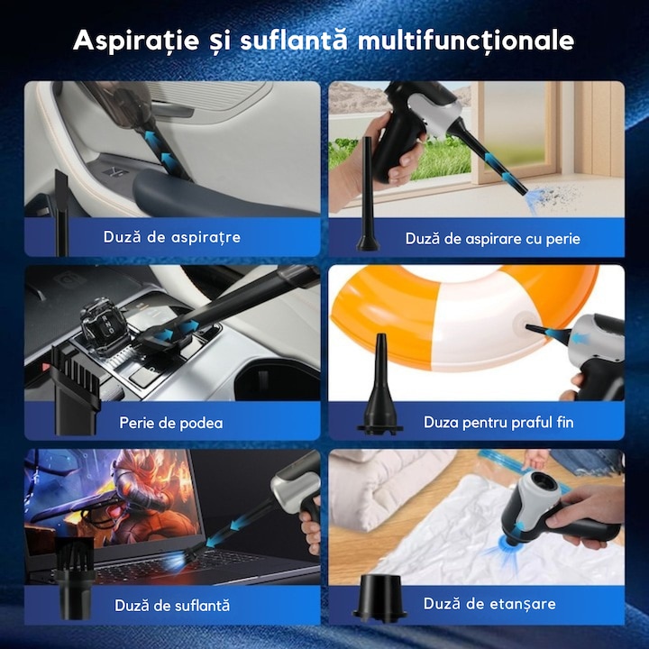 Aspirator portabil fara fir VarioShop®, pentru masina si casa, putere 120 W, aspirare 5000 Pa, 6 duze pentru crapaturi si suprafete delicate, incarcare USB [4]