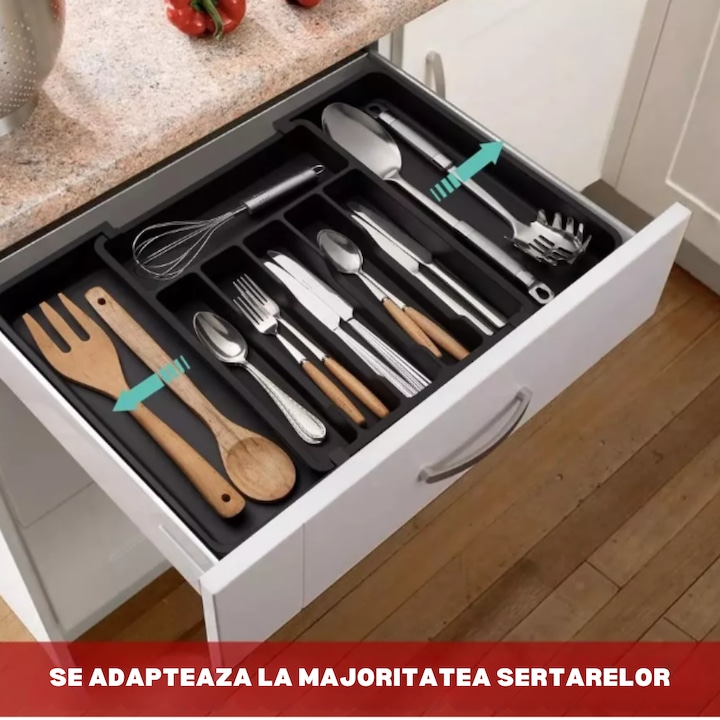 Organizator de tacamuri extensibil pentru sertar VarioShop®, 8 compartimente, latime reglabila 33–56.5 cm, plastic durabil, design extensibil si ergonomic, negru [9]