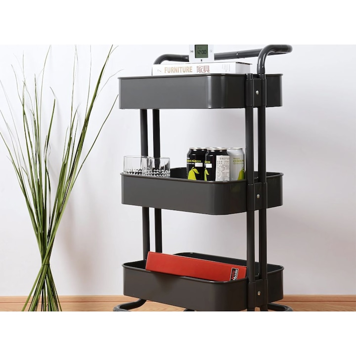 Raft mobil pe roti cu 3 niveluri VarioShop®, organizator practic si elegant pentru bucatarie, baie, birou sau camara, rafturi adanci, roti pivotante, mutare usoara, depozitare sigura, negru [6]
