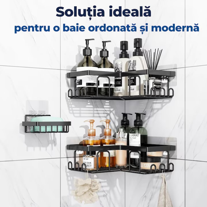 Set 5 rafturi pentru baie VarioShop®, 3 cosuri si 2 rafturi de colt, design suspendat, metal rezistent la umiditate, montaj fara gauri cu carlige adezive, negru [3]