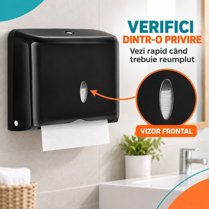 Dispenser hartie VarioShop®, pentru prosoape pliate, montare pe perete, fereastra de vizualizare, kit montaj si elemente autoadezive incluse, negru [2]