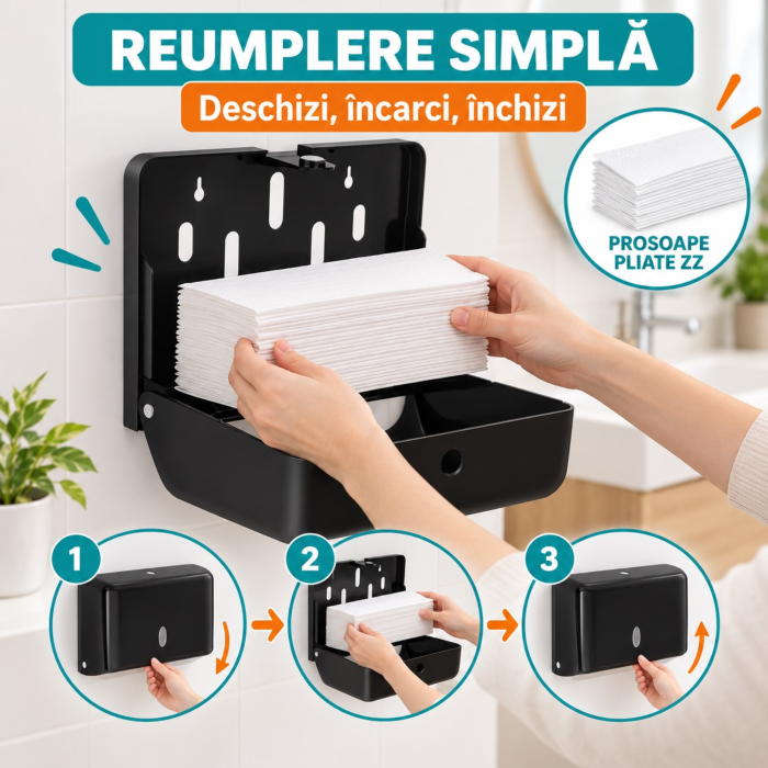 Dispenser hartie VarioShop®, pentru prosoape pliate, montare pe perete, fereastra de vizualizare, kit montaj si elemente autoadezive incluse, negru [7]