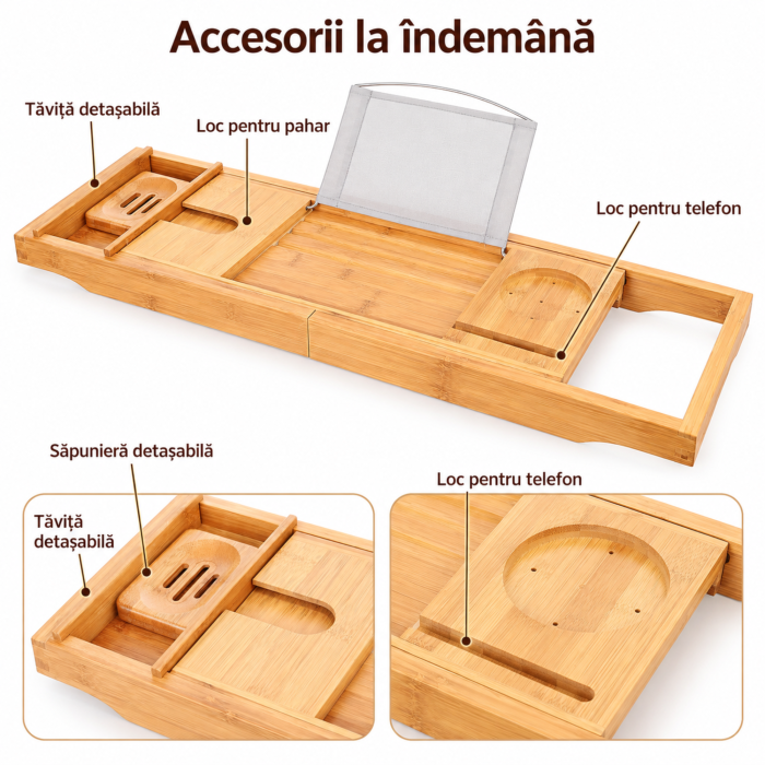 Masuta extensibila pentru cada VarioShop®, din bambus, cu suport pentru carte, tableta, lungime reglabila 75–112 cm, crem [5]
