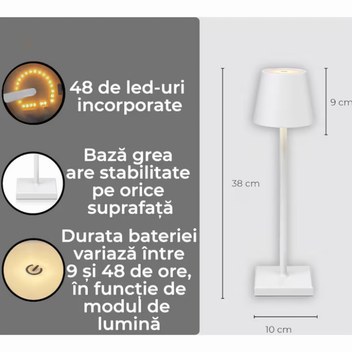 Set 2 x Lampa de masa touch led incarcabila VarioShop®, veioza ambientala cu control tactil, functie de schimbare a intesitatii, 3 temperaturi de culoare cald, neutru, rece, 37 x 9,5, Alb [2]