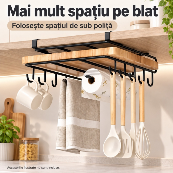 Raft suspendat VarioShop, pentru organizarea accesoriilor de bucatarie, amplasare sub dulap, finisaj mat, metal, 25 × 25 × 9,7 cm, negru - VarioShop [3]