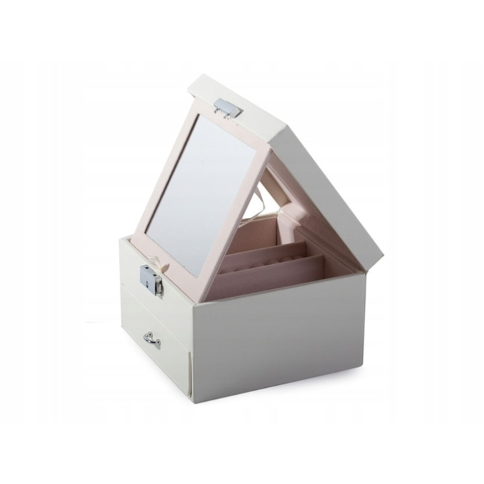 Cutie de bijuterii VarioShop®, cu sertar si oglinda, piele ecologica, interior catifea, cheie, 12 compartimente, 16 x 16 x 11cm, Alb [4]