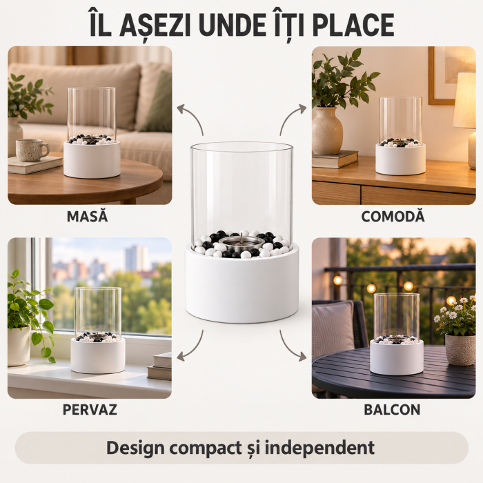 Biosemineu de masa VarioShop® cu flacara reala, sticla securizata si pietre decorative albe si negre, functioneaza cu bioetanol, fara cos de fum, 28 × 14 cm, alb [11]