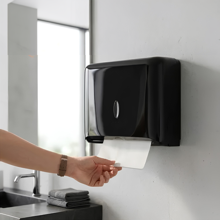 Dispenser hartie VarioShop®, pentru prosoape pliate, montare pe perete, fereastra de vizualizare, kit montaj si elemente autoadezive incluse, negru [9]