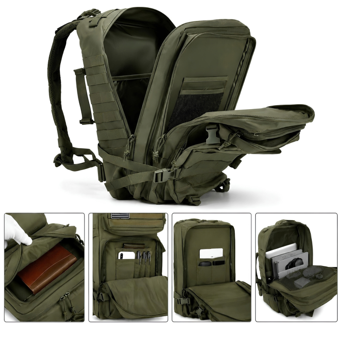 Rucsac tactic VarioShop®, 45L, 5 compartimente, Oxford 800D, deschidere 180°, bretele captusite, curele de compresie, rezistent la stropire, 55x30x26 cm, verde [8]