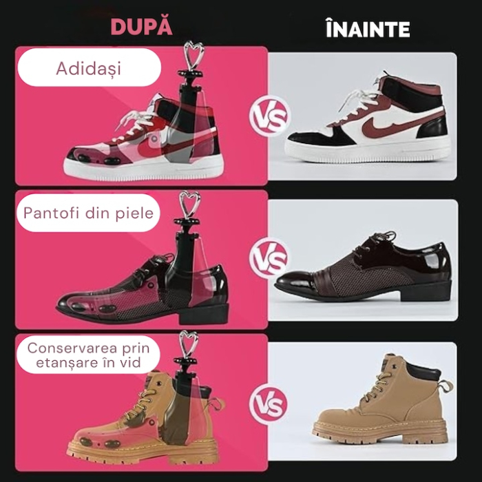 1 Calapod Reglabil VarioShop®, 4 Directii San/Calapod, Intretinere si Protectie Pantofi, Adidasi si Ghete, Dimensiuni Ajustabile 41–47, Material Durabil Roz/Negru [10]