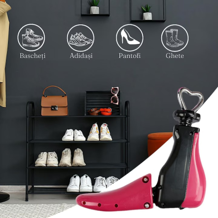 Set 2 Sanuri/Calapoade Reglabile VarioShop® 4 Directii, Intretinere si Protectie Pantofi, Adidasi si Ghete, Dimensiuni Ajustabile 41–47, Material Durabil, Roz/Negru [9]