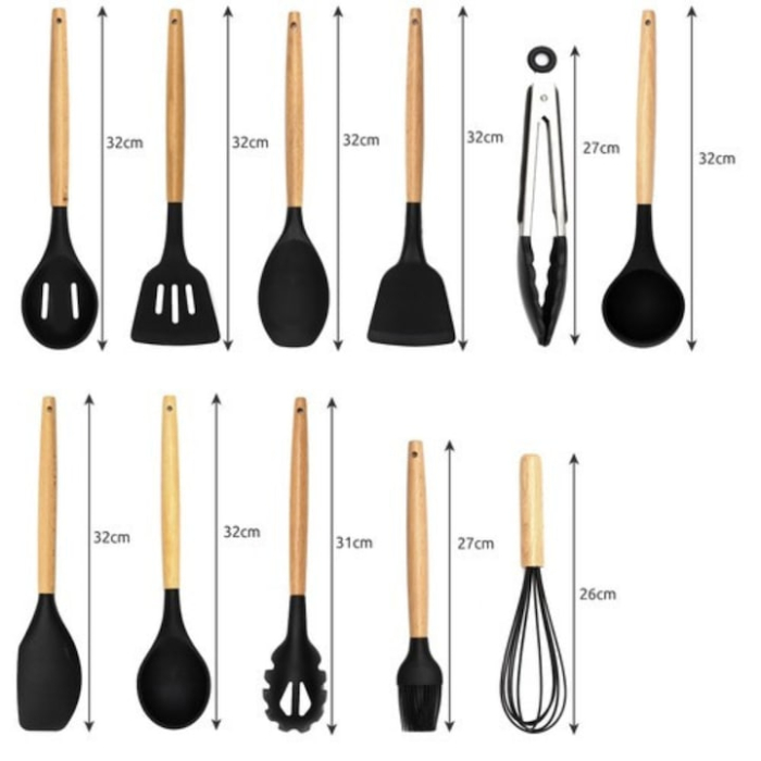 Set complet de 11 ustensile de bucatarie VarioShop® din silicon cu maner din lemn, ideal pentru gatit zilnic si preparate deosebite, Negru/Crem [9]
