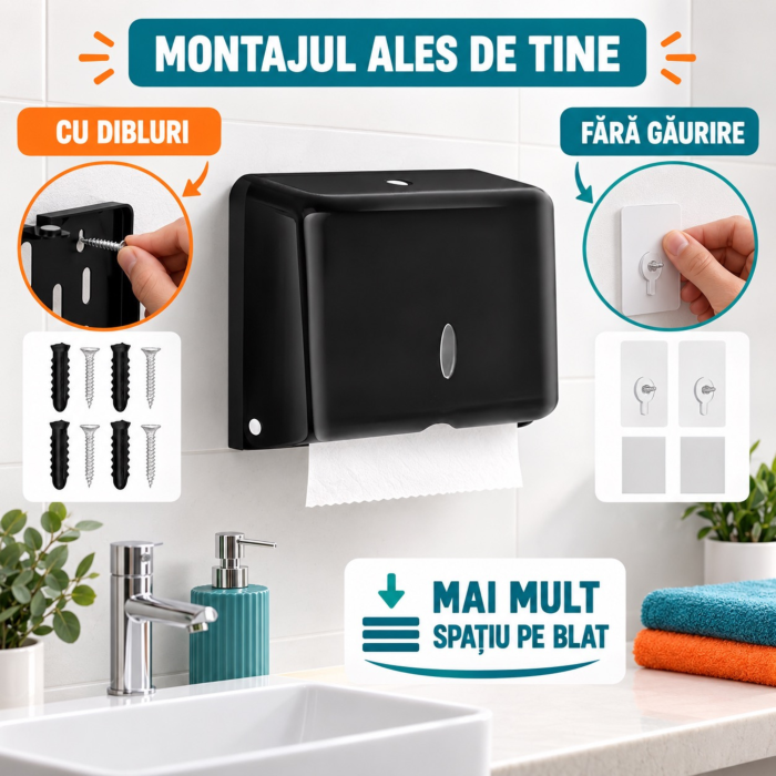 Dispenser hartie VarioShop®, pentru prosoape pliate, montare pe perete, fereastra de vizualizare, kit montaj si elemente autoadezive incluse, negru [4]