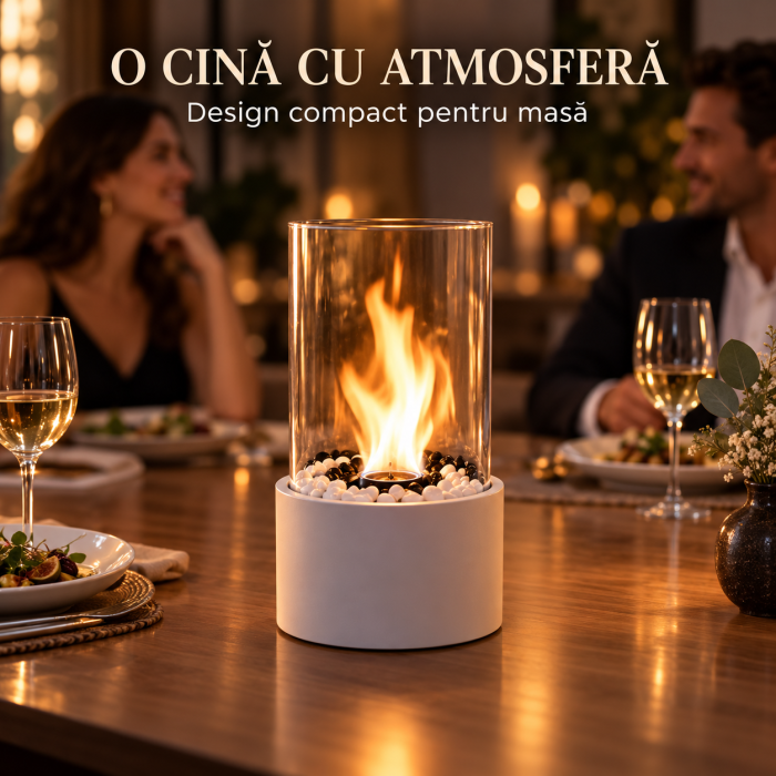 Biosemineu de masa VarioShop® cu flacara reala, sticla securizata si pietre decorative albe si negre, functioneaza cu bioetanol, fara cos de fum, 28 × 14 cm, alb [9]