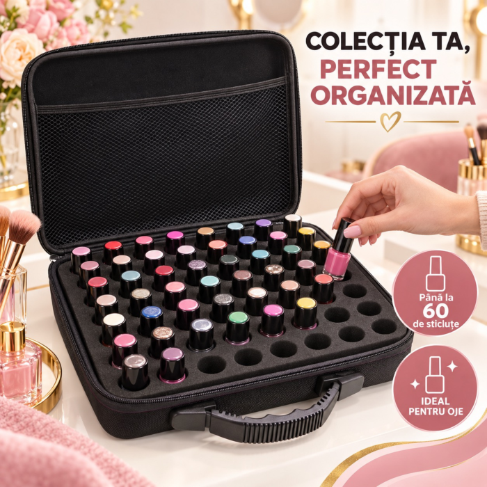 Geanta organizatoare VarioShop®, pentru oja si uleiuri esentiale, 60 compartimente, inchidere fermoar dublu, maner de transport, rezistenta la apa, negru [4]