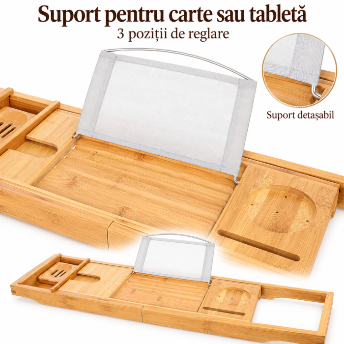 Masuta extensibila pentru cada VarioShop®, din bambus, cu suport pentru carte, tableta, lungime reglabila 75–112 cm, crem [7]