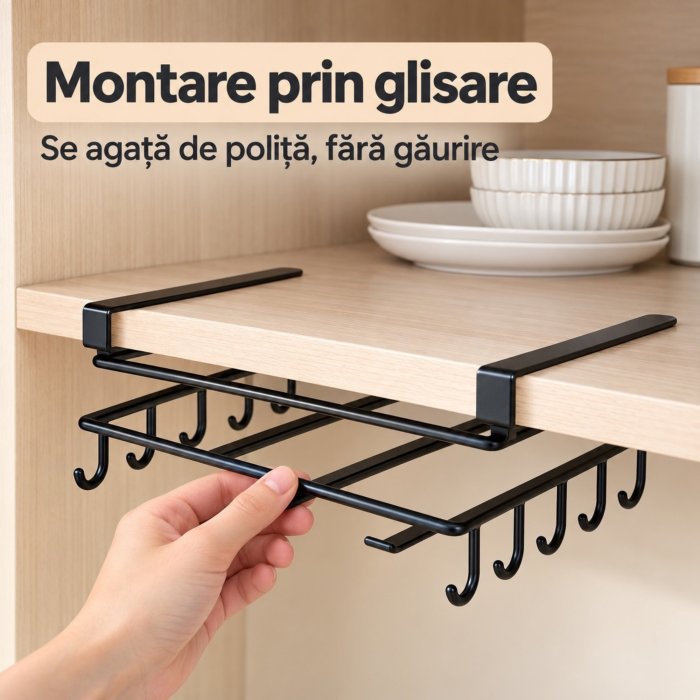 Raft suspendat VarioShop, pentru organizarea accesoriilor de bucatarie, amplasare sub dulap, finisaj mat, metal, 25 × 25 × 9,7 cm, negru - VarioShop [4]
