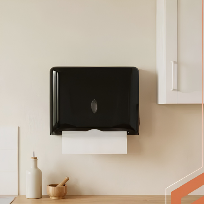 Dispenser hartie VarioShop®, pentru prosoape pliate, montare pe perete, fereastra de vizualizare, kit montaj si elemente autoadezive incluse, negru [10]