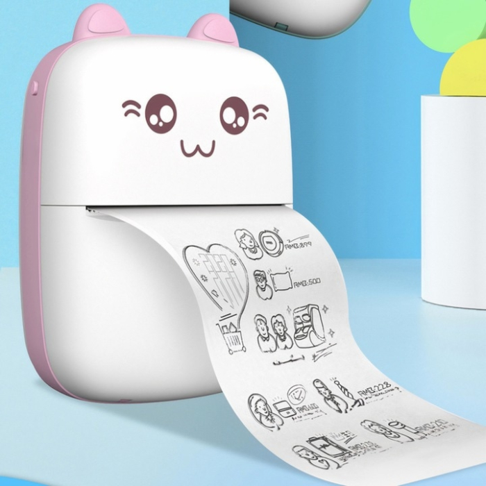 Mini imprimanta termica VarioShop®, Bluetooth, Compatibil iOS/Android, Imprimare APP, 1200 mAh, rola termica inclusa, model pisicuta cu urechiuse roze, 11 x 8 x 4 cm, Roz [7]