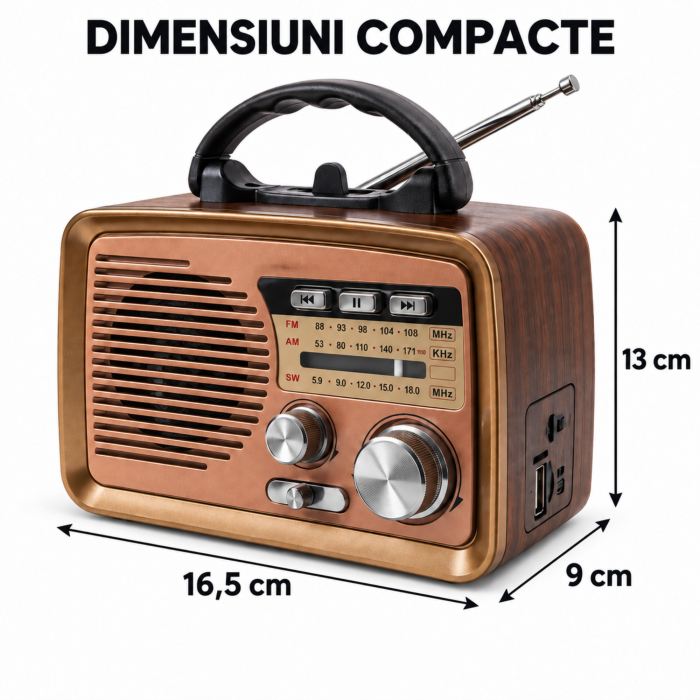Radio portabil retro VarioShop® cu Bluetooth, benzi AM/FM/SW, USB, Micro SD, antena telescopica si acumulator, 16,5 × 9 × 13 cm, maro [4]