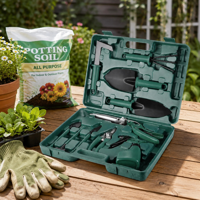Set 10 unelte de gradinarit VarioShop®, pentru plantare, afanarea solului si tunderea plantelor, otel inoxidabil, pulverizator si valiza de transport [10]