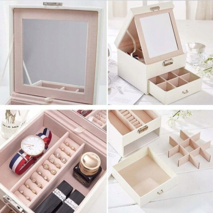 Cutie de bijuterii VarioShop®, cu sertar si oglinda, piele ecologica, interior catifea, cheie, 12 compartimente, 16 x 16 x 11cm, Alb [3]