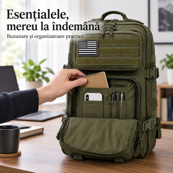 Rucsac tactic VarioShop®, 45L, 5 compartimente, Oxford 800D, deschidere 180°, bretele captusite, curele de compresie, rezistent la stropire, 55x30x26 cm, verde [2]