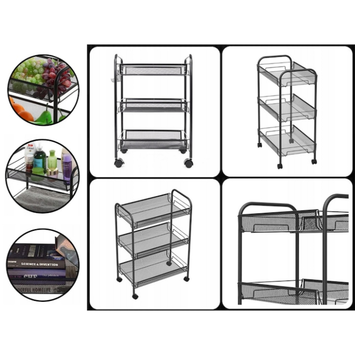 Raft mobila cu 3 etajere VarioShop®, pentru bucatarie, baie, living, usor de Montat, pentru spatii inguste, Material ABS/Otel Inoxidabil, Metal, 64 x 44 x 27 cm, Negru [6]